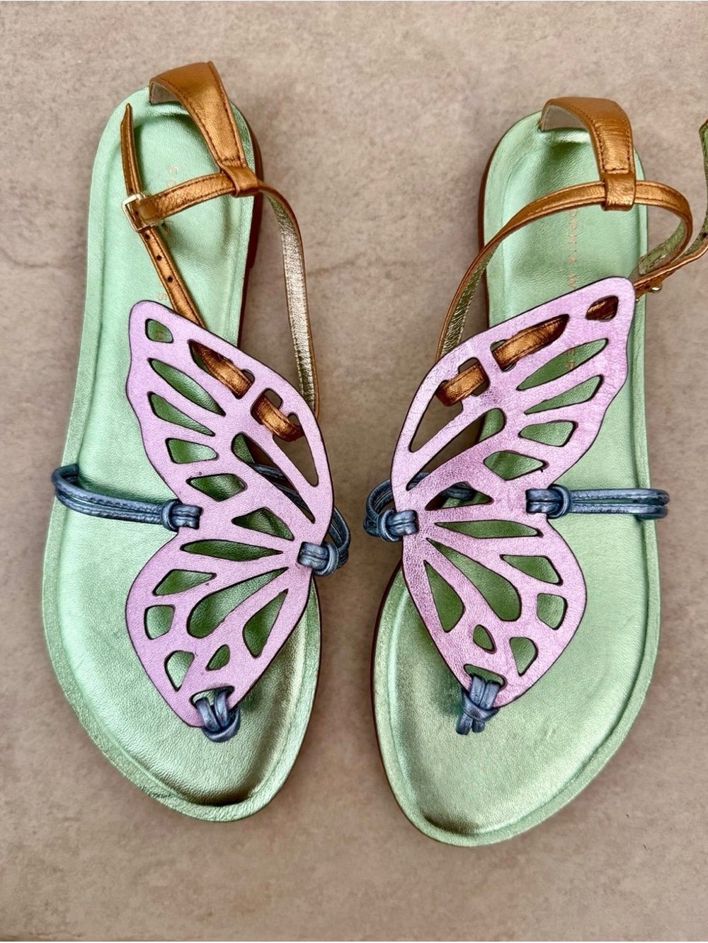 Sophia Webster Mint Footbed Pink Butterfly Sandals with Metallic Tan Straps